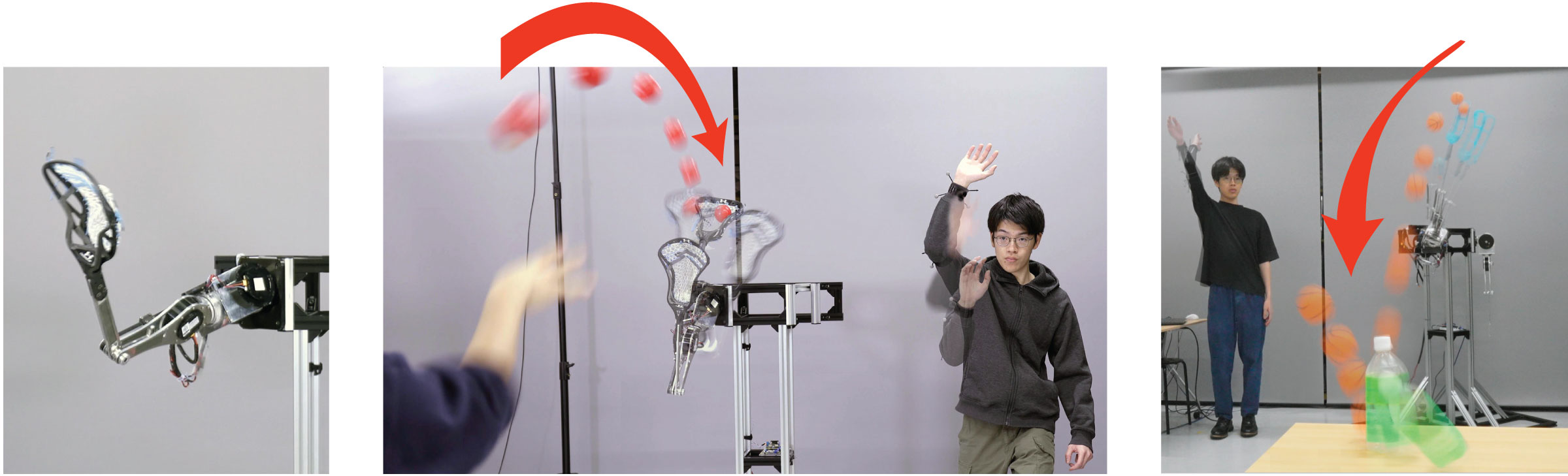 Three photos: the robot arm with a lacrosse head; the arm catching a ball thrown at it while the operator raises his hand; the arm throwing a ball that knocks over a bottle