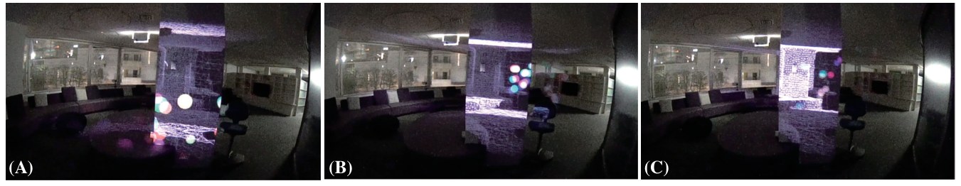 Three views of a lounge in which a vertical strip of a wall shows projected graphics of the space behind it, including colored spheres