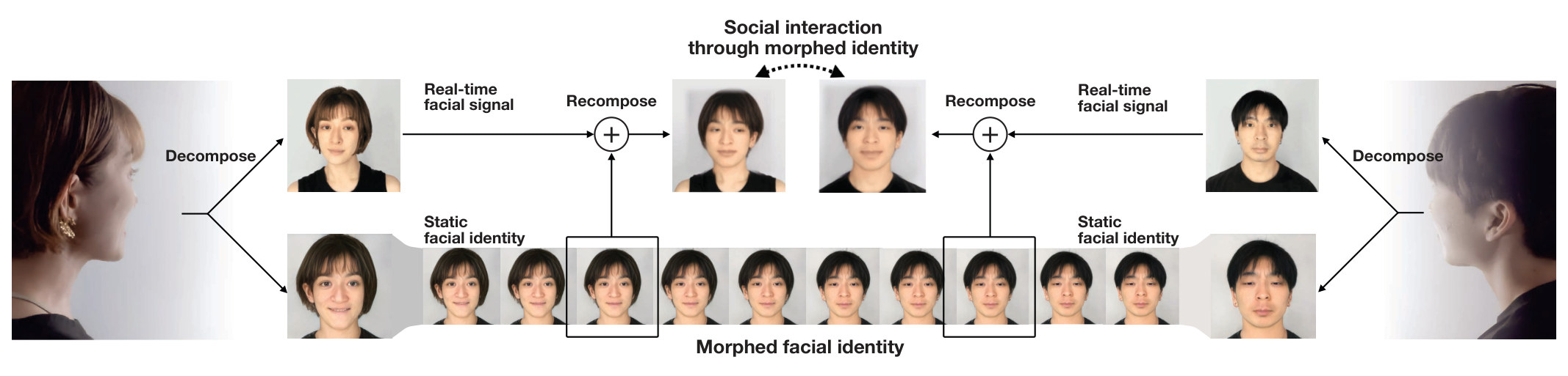 Each user’s face is decomposed into a static facial identity and real-time facial signals; a sequence of faces morphed from one user to the other is recomposed with each user’s real-time movement
