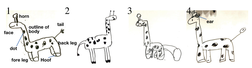 Four hand-drawn giraffes from the same session, the first labeled with its parts: horn, face, outline of body, dot, tail, fore leg, back leg and hoof