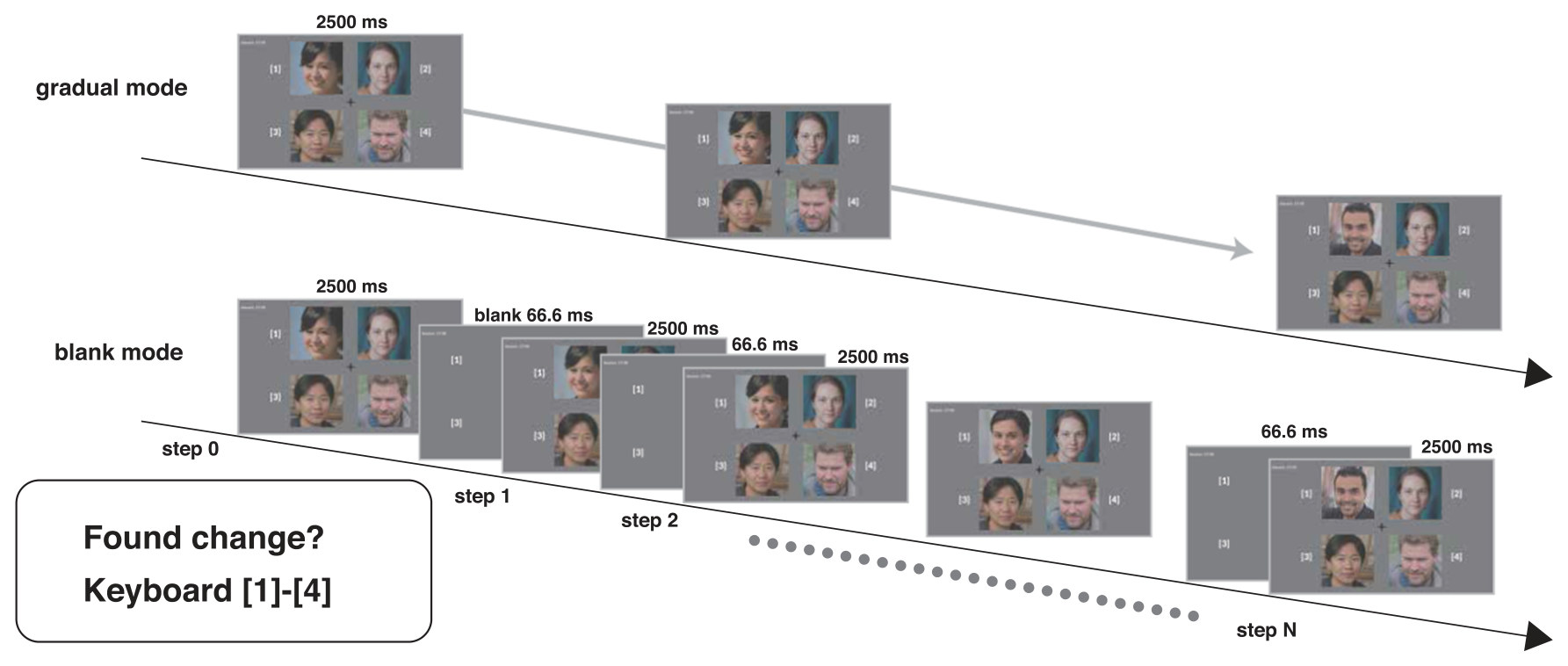 Timeline of the third study: in gradual mode one of four faces changes continuously; in blank mode the same face changes one step during each 66.6 ms blank, with 2,500 ms between blanks, and the participant presses keys 1 to 4 on finding the change